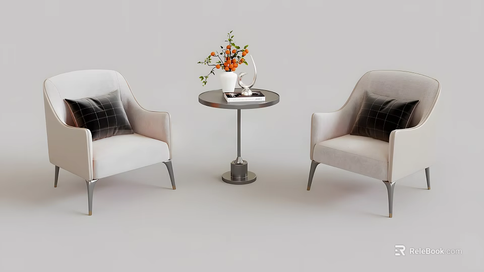 Stylish Light Colored Armchair And Coffee Table Set With Round Tabletop And Orange Flower Vase 3d model 