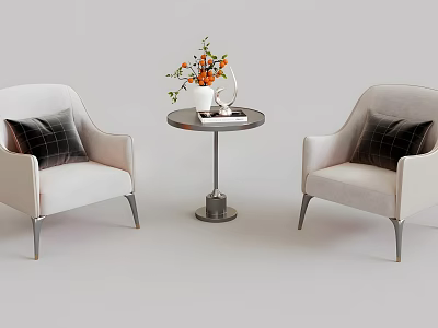 Stylish Light Colored Armchair And Coffee Table Set With Round Tabletop And Orange Flower Vase 3d model