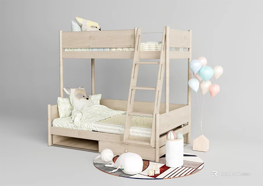 Wooden Bunk Bed in Kids Room with Ladder Stuffed Animal Colorful Balloons and Round Rug 3d model 