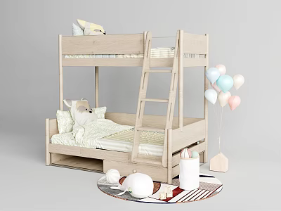 Wooden Bunk Bed in Kids Room with Ladder Stuffed Animal Colorful Balloons and Round Rug 3d model