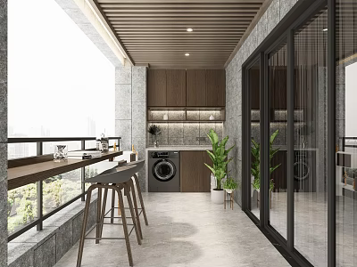 Modern Home Balcony With Wooden Bar Table Washing Machine Green Plants Glass Doors And Stools 3d model