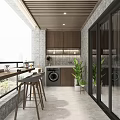 Modern Home Balcony With Wooden Bar Table Washing Machine Green Plants Glass Doors And Stools