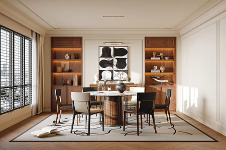 Middle Ancient Style Restaurant Dining Table and Chair Dining Chair Side Cabinet Carpet Jewelry Ornaments Decorative Painting 3d model
