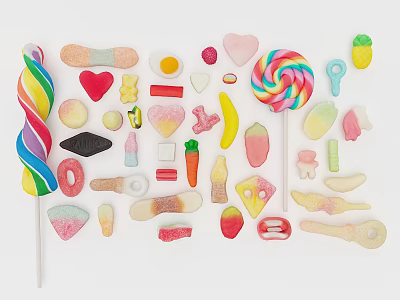 Various Assorted Colorful Candies With Lollipop Heart Shaped And Fruit Designs 3d model