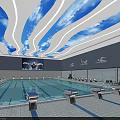 Indoor Swimming Pool With Blue Sky White Cloud Ceiling And Swimming Lanes Starting Blocks