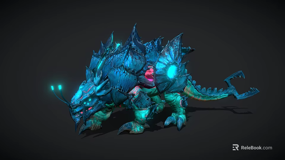 Character And Blue Scaled Dragon Like Creature With Spikes And Glowing Green Eyes 3d model 