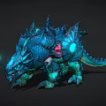 Character And Blue Scaled Dragon Like Creature With Spikes And Glowing Green Eyes