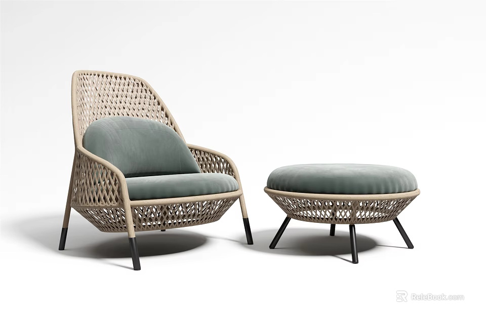 Single Rattan Sofa With Light Green Cushion And Ottoman Black Legs 3d model 