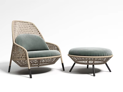 Single Rattan Sofa With Light Green Cushion And Ottoman Black Legs 3d model