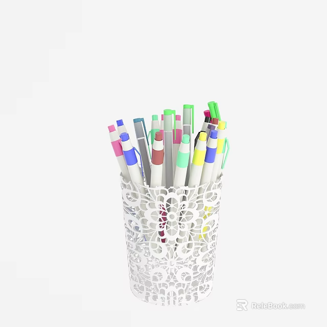 Colorful Pens Arranged in White Hollow Patterned Pen Container 3d model 