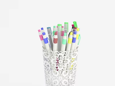 Colorful Pens Arranged in White Hollow Patterned Pen Container 3d model