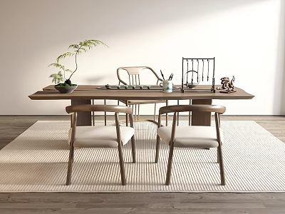Modern Wooden Tea Table and Chairs with Green Plant Tea Set on Carpeted Floor 3d model