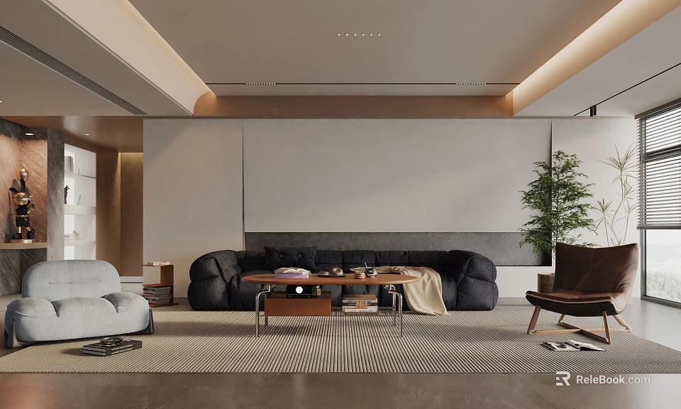 Modern Living Room Interior With Black Sofa Wooden Coffee Table And Green Plant 3d model 