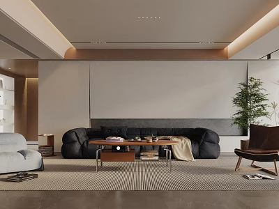 Modern Living Room Interior With Black Sofa Wooden Coffee Table And Green Plant 3d model