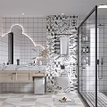 Modern Bathroom Interior Design With Patterned Tiled Walls Glass Shower And Marble Vanity 3d model