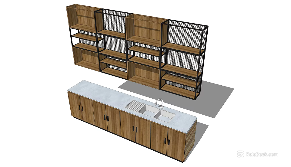 Modern Wooden Kitchen Cabinets With Open Shelves And Closed Doors Countertop Sink And Faucet Design 3d model 
