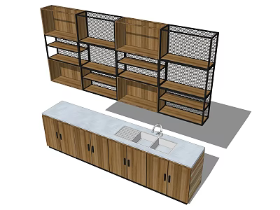 Modern Wooden Kitchen Cabinets With Open Shelves And Closed Doors Countertop Sink And Faucet Design 3d model