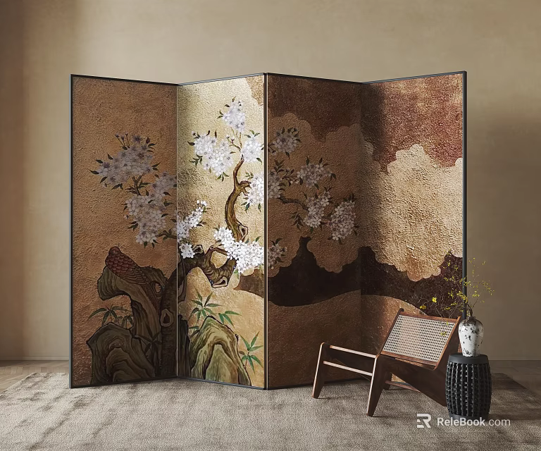 Traditional Chinese Folding Screen With Floral Pattern Golden Background And Mountain Elements 3d model