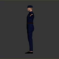 Game And Movie Character In Dark Blue Uniform With Cap Standing Arms Outstretched Gray Background