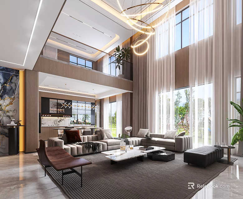 Luxury Modern Double Height Living And Dining Room With Spacious Layout And Soft Ambient Lighting 3d model 