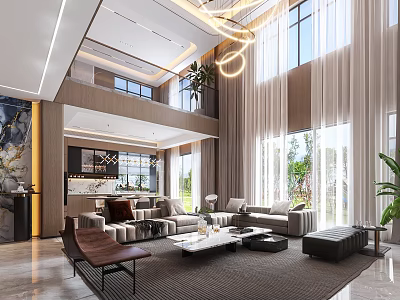 Luxury Modern Double Height Living And Dining Room With Spacious Layout And Soft Ambient Lighting 3d model