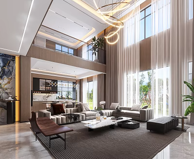 Luxury Modern Double Height Living And Dining Room With Spacious Layout And Soft Ambient Lighting 3d model
