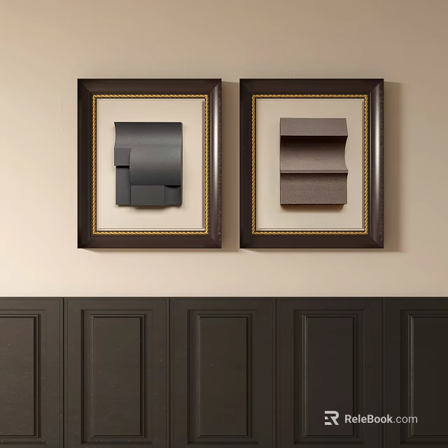 Two Dark Framed Abstract Paintings with Layered Shapes on Beige Wall Decor 3d model