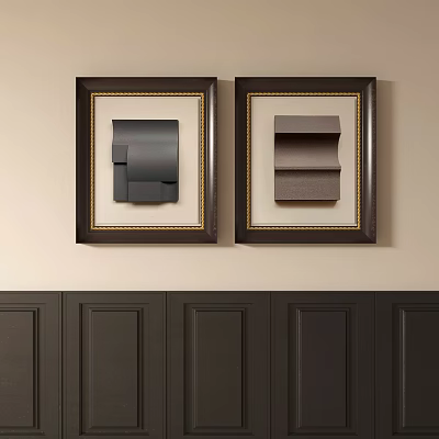 Two Dark Framed Abstract Paintings with Layered Shapes on Beige Wall Decor 3d model