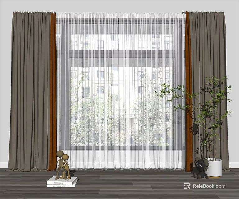 Gray Curtains With Sheer Panels For Window Interior Natural Light And Green Outdoor View 3d model 