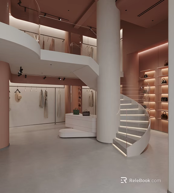 Modern Clothing Store Interior With Spiral Staircase Clothes Racks Displayed Bags And Soft Tones 3d model 