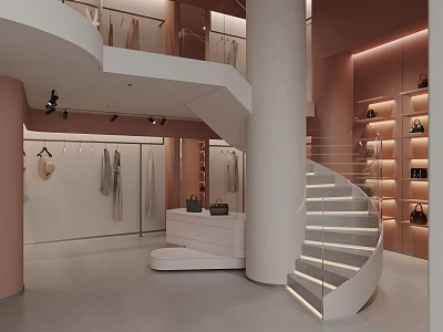 Modern Clothing Store Interior With Spiral Staircase Clothes Racks Displayed Bags And Soft Tones 3d model