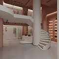 Modern Clothing Store Interior With Spiral Staircase Clothes Racks Displayed Bags And Soft Tones