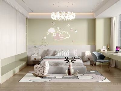 Modern Cozy Kids Bedroom With Cloud Star Wall Art Heart Pillow And Desk 3d model