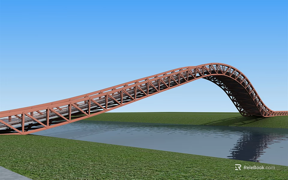 Red Steel Arch Bridge Structure Over Water With Green Grass And Blue Sky 3d model 