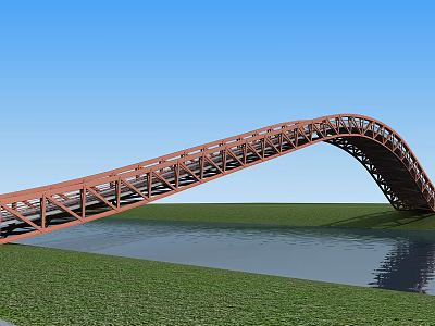 Red Steel Arch Bridge Structure Over Water With Green Grass And Blue Sky 3d model