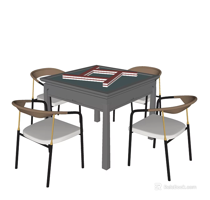 Modern Entertainment Table With Board Game And Four Chairs Wooden Armrests White Cushions 3d model 