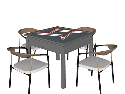 Modern Entertainment Table With Board Game And Four Chairs Wooden Armrests White Cushions 3d model