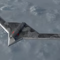 Camouflage Stealth Fighter Jet Flying Through Cloudy Sky With Flying Wing Design
