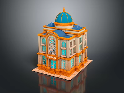 Elegant Fashion Themed Building With Blue Dome Orange Accents Arched Windows And Classic Design 3d model