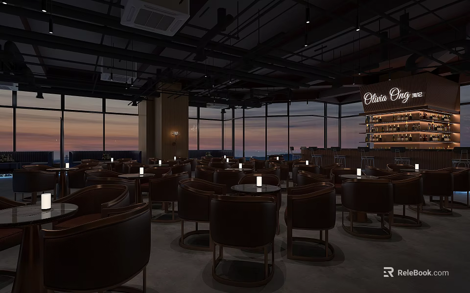 Elegant Bar Interior With Leather Chairs Candlelit Tables And Sunset View Through Large Windows 3d model