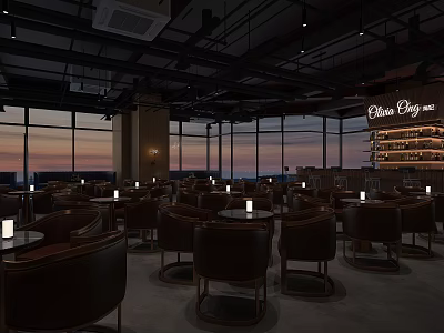 Elegant Bar Interior With Leather Chairs Candlelit Tables And Sunset View Through Large Windows 3d model