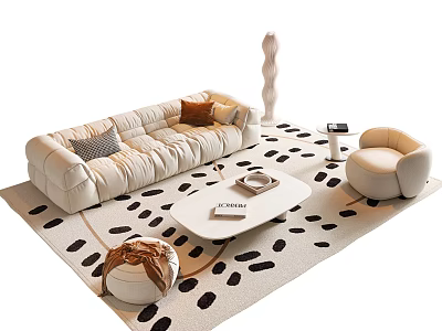 Modern Sofa And Coffee Table Set With Spotted Rug Throw Pillows And Single Armchair Interior 3d model