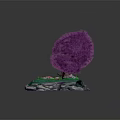 Cartoon Scene With Purple Tree Staircase Green Grass Stony Path Red Mushroom Gray Stone Rim