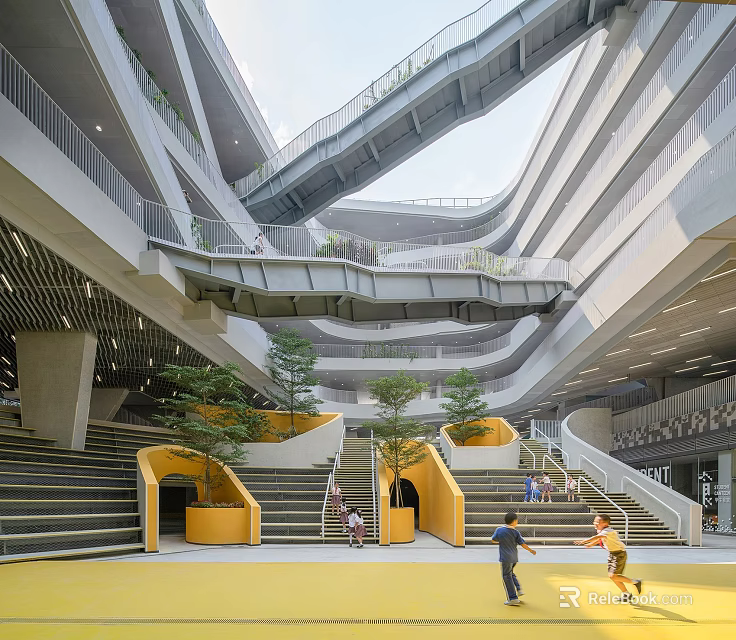 Modern School Building Interior with Connected Walkways Yellow Stairs and Green Plants 3d model 