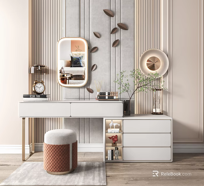 Elegant Modern Dressing Table With White Drawers Oval Mirror Green Plant Stool And Wall Clock 3d model 
