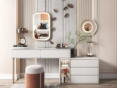 Elegant Modern Dressing Table With White Drawers Oval Mirror Green Plant Stool And Wall Clock 3d model
