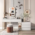 Elegant Modern Dressing Table With White Drawers Oval Mirror Green Plant Stool And Wall Clock