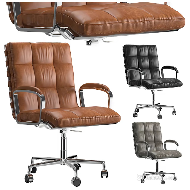 Ergonomic Leather Office Chair In Brown Black Grey With Armrests And Wheeled Base Design 3d model 