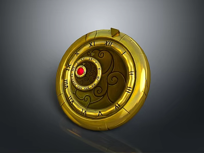 Golden Weapon Component Featuring Roman Numerals Red Gem Center And Intricate Spiral Patterns 3d model