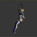 Game Movie Character in Blue White Mechanical Outfit With Crown Holding Black Hoop Standing Elegantly